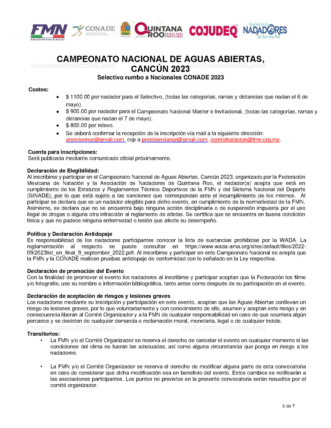 Convocatoria Campeonato Nacional de Aguas Abiertas Cancún 2023